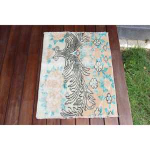 พรมวินเทจตุรกีขนาดเล็ก 1.7x2.5 ฟุต สีน้ำเงินน้ำตาล พรมขนสัตว์เปอร์เซีย - Product Image 1