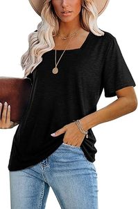 Women's Casual Square Neck Short Sleeve <b>TShirt</b> Solid Color Basic Top Embroidery Print Design Made Polyester Canvas Material Logo - Product Image 2