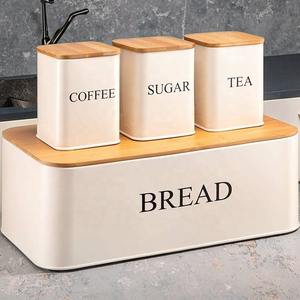 White Metal Iron <b>Large</b> Kitchen Countertop Bread <b>Box</b> and 3 Piece Sugar Tea Coffee Containers Sets - Product Image 4