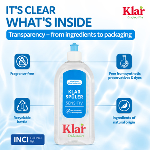 Détergent écologique KLAR Eco Sensitive 500 ml, liquide, sans parfum, anti-calcaire, pour lave-vaisselle, améliore le séchage, plus de 80 % d'ingrédients actifs - Product Image 2