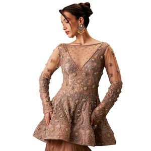 Conjunto de Kurta Sharara bordado a mano marrón con lentejuelas y Dupatta para fiesta de boda, recepción festiva, ropa para ocasiones - Product Image 4