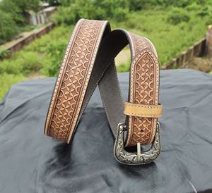 Western <b>Tooled</b> Leather <b>Belt</b> with Basket Weave Pattern and Antique Silver Buckle - Product Image 2