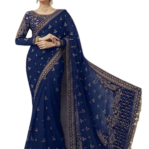 Sari de Seda Suave Banarasi Indio de Última Moda con Bordado de Encaje para la Temporada de Bodas, Hecho en Pakistán, Venta al por Mayor para Mujeres - Product Image 3