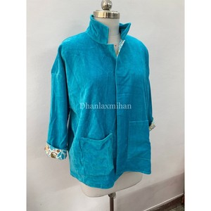 Handmade Unisex Winter Jacket Solid Turquoise Velvet Casual Wear <b>Coat</b> with Side Lining Wholesale Raw Processing - Product Image 6