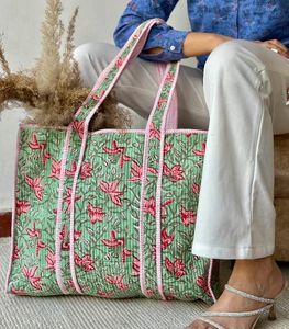 Sac fourre-tout en toile matelassé en coton, motif géométrique, doublure en cuir écologique, sac de shopping tendance - Product Image 1
