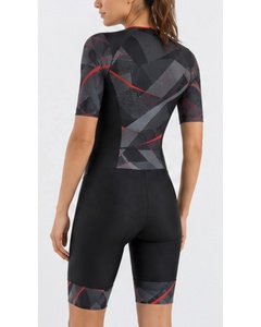Combinaison de triathlon pour femmes, noir, rouge, gris, motif géométrique, manches courtes, respirante, séchage rapide, compression, réversible - Product Image 3