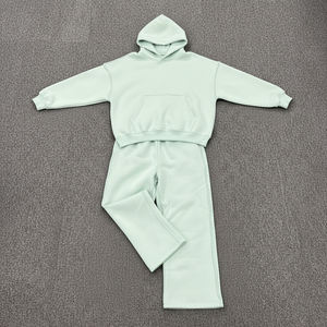 High Quality 100% Cotton Fleece Heavyweight Solid Color Pullover Tracksuit for Men Custom Disstress Embriordery Logo Sweatsuit - Product Image 2