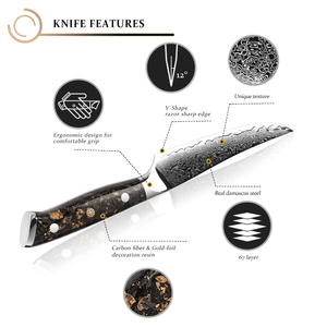 Vente en gros personnalisé de haute qualité OEM ODM Service Couteau de cuisine Damas Couteau de chef en acier avec décoration en feuille d'or Manche en résine - Product Image 6