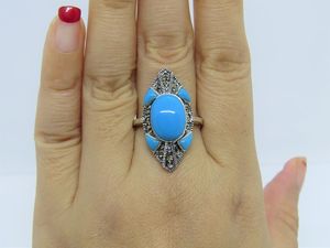 Anillo de turquesa y marcasita vintage en plata de ley 925, tamaño 9, joyería elegante hecha a mano con piedras preciosas naturales - Product Image 5