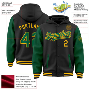 Premium Quality Custom Black Kelly Green Gold Bomber Full Varsity Letterman Hoodie Jacket Team Wear Hoodies - Product Image 3