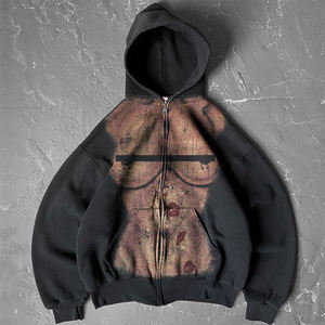 Custom Print Cotton Fleece Oversized Boxy Sweatshirts Faded Distressed Vintage Zip up Acid Wash <b>Hoodie</b> for Men - Product Image 1