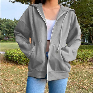 Autumn Fleece <b>Hoodie</b> Solid Color Hooded Korean Fashion Sweatshirts Long Sleeve Top Drawstring Pockets Loose <b>Zipper</b> <b>Black</b> Hoodies - Product Image 4