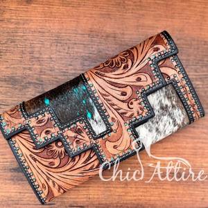 Pochette en cuir de fourrure de vachette sculpté à la main portefeuille Vintage Designer couleur marron cartes de crédit en cuir portefeuille cadeaux - Product Image 1