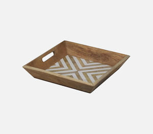 Plateau rectangulaire décoratif de luxe fait main en os incrusté, rose et blanc, avec motif géométrique complexe en treillis - Product Image 3