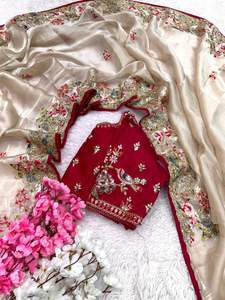 Sari indio de seda pura de Chinon con blusa elegante, ropa tradicional exclusiva para fiesta, boda, Festival, Ropa Étnica, último diseño - Product Image 4