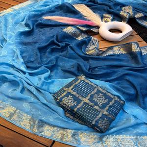 Sari de viscosa chinnon con diseño de sombreado, de moda india, bellamente diseñado, con blusa jacquard Mina, para fiestas y bodas, de secado rápido, todo incluido. - Product Image 1