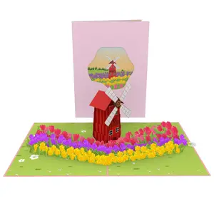 튤립 정원의 풍차 3D 팝업 카드 기억에 남는 생일 3D 카드 수제 종이 레이저 커팅 카드 베스트 셀러