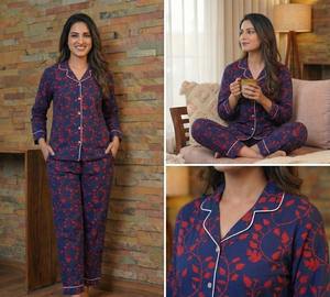 Conjunto de Pijama de Algodón Estampado en Bloque, Tejido Térmico, Estilo Indio, Ropa de Dormir de Algodón Puro con Camisa para Mujer, Alta Calidad, Suave - Product Image 5
