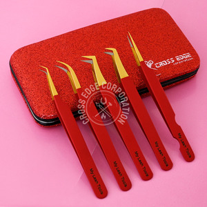 Pinzas profesionales para extensión de pestañas, empuñadura de diamante 45 90 grados, punta de fibra roja mate probada a mano, nunca se desliza - Product Image 2