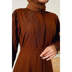 Abaya traditionnelle marron Nida à manches plissées pour garçons Hijab décontracté élégant pour les saisons d'été et d'hiver Taille XXL - Product Image 4