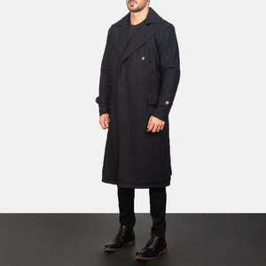 Manteau long noir en laine pour homme style détective, coupe ajustée, avec capuche imprimée, pour automne-hiver, élégant et décontracté, avec bordure en fourrure - Product Image 2
