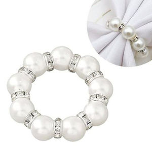 Anneaux de serviette en fausse perle blanche en gros avec des strass en cristal brillant, porte-serviettes pour la décoration de table, fournitures pour événements - Product Image 1