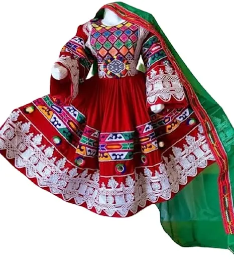 Ethnic Afghan Kuchi Handmade Tribal Traditional Embroidered Women Afghani Dress Medium Size in red Color for Pashtun Culture