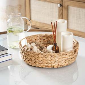 Bandeja de mimbre de jacinto de agua marrón natural redonda Bandeja decorativa elegante - Product Image 2