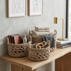 Ensemble de paniers de rangement modernes en jonc de mer naturel, écologiques, avec poignée en treillis ouvert, plateau de table pour plantes, décoration artistique pure pour la pièce - Product Image 5
