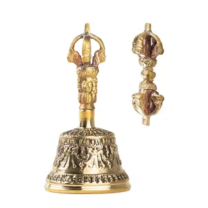 Golden Crown Bell & Vajra Set: 19cm Tall Bell with Astamangala, Pancha Buddha, and Sacred Mantra Engravings