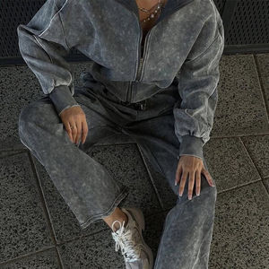 Ensemble sweat-shirt et pantalon de jogging oversize en molleton français réversible, écologique, coupe-vent, délavé à l'acide, nouveau style pour femmes - Product Image 1