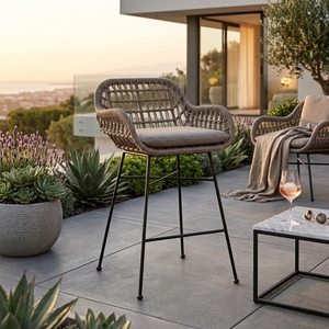 Chaise de salle à manger d'extérieur tressée grise avec structure en tuyau de fer, cordes synthétiques, coussin en tissu d'extérieur Sr10, design artistique et décoratif - Product Image 4
