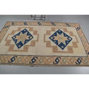 Alfombra Turca de 5.2x8.1 pies, Alfombra Grande Vintage, Alfombra Azul Marrón con Diseño de Parches - Product Image 3