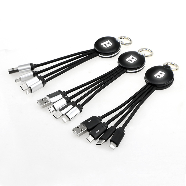 Best Sale 3-in-1 Multi-Charging 5V/2A Keychain USB Charging Cable With Led Light Logo Type-C 3A Fast Charging & Nylon Material