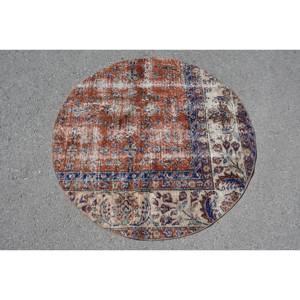 Alfombra turca Vintage de 3,7x3,7 pies, marrón, Beige, diseño clásico de retazos de área grande para pasillo, lana, piel de conejo sintética, respaldo de látex - Product Image 1