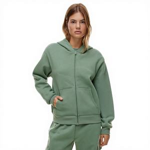 Sudadera con capucha de algodón grueso de 480 GSM para mujer, con cremallera completa, estilo urbano, para invierno, fabricante OEM de marca privada - Product Image 1