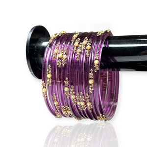 Ensemble de bracelets en verre violet plaqué or tendance de qualité supérieure avec imitation perle Collection de mariage nuptial Bijoux de fête Prêt à expédier - Product Image 2