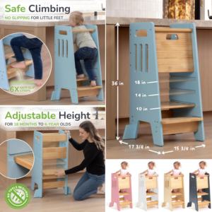 Tour d'apprentissage Montessori en bois rose antidérapante réglable <span class=keywords><strong>pour</strong></span> tout-petits, aide <span class=keywords><strong>de</strong></span> cuisine, marchepied avec garde-corps <span class=keywords><strong>de</strong></span> sécurité <span class=keywords><strong>pour</strong></span> enfants - Product Image 2