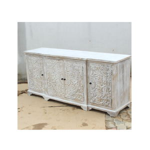 Modern 4-Door <b>Sideboard</b> Carved Mango Wood White Distressed Finish for Dining Bedroom Hotel Hospital Use Featuring <b>Storage</b> Design - Product Image 2