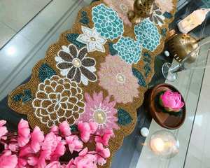 Handmade Spring Gold Embroidered Floral Beaded <b>Table</b> <b>Runner</b> Elegant Wedding Decor Centerpiece - Product Image 1