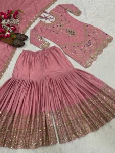 Boda étnica india Kurti Sharara Dupatta Salwar Suit Party Wear Vestido de seda de algodón con trabajo de bordado elegante de diseñador. - Product Image 2