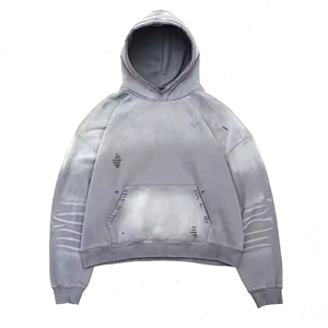 Sudadera con capucha fabricante personalizado pantalla en blanco impresión sudaderas hombres de gran tamaño lavado ácido rasgado crudo dobladillo recortado sudaderas con capucha - Product Image 6