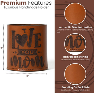 Organisateur de bureau multifonction Porte-crayon en cuir véritable avec pinceaux de maquillage de couleur TAN - Product Image 3