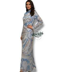 Robe de soirée de luxe pour femme, taille empire, longueur au sol, silhouette trapèze, ornée de perles, de cristaux et de diamants, broderie intégrée - Product Image 1