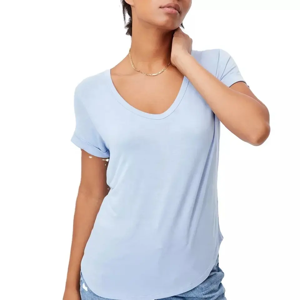 Summer curved hem t shirt casual 95 cotton 5 spandex t shirts short sleeve v neck woman t shirt