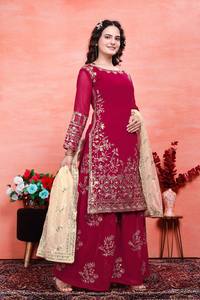 Top rouge pour femmes-Palazzo Collection Faux Georgette Fabrics With Embroidery Sequins Work For Women - Product Image 2