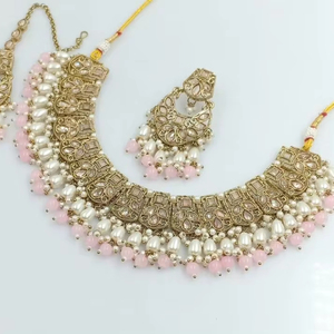 LATEST ANTIQUE MOTIPEARL & DROP FASHIONABLE GOLD PLATED FANCY <b>CHOKER</b> NECKLACE WITH MANGTIKKA EARRING SET & JEWELLERY SET WOMEN - Product Image 1