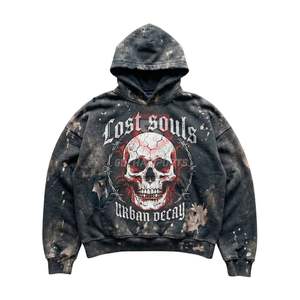Gothic Streetwear Skull Graphic Hoodie <b>Black</b> Acid Wash Distressed Heavyweight Cotton <b>Sweatshirt</b> Hoodie - Product Image 1