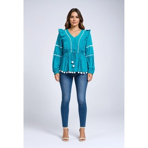 Blusa Tradicional Azul Cielo con Cuello en V y Mangas Abullonadas, 100% Poliéster, Tejido de Secado Rápido para Uso Diario de Mujeres en Verano - Product Image 1