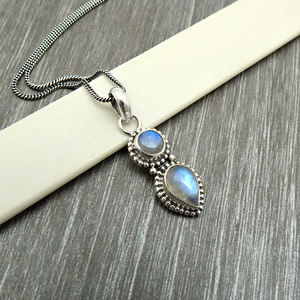 Bleu arc-en-ciel pierre de lune Double pierre précieuse lunette ensemble pendentif 925 en argent Sterling cadeau fabricant à la mode fait à la main en gros bijoux - Product Image 3